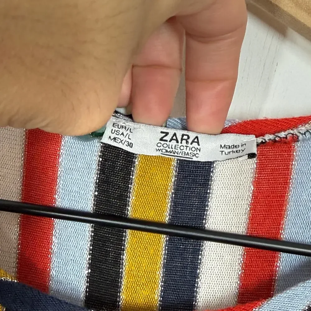 Zara Collection Midi Dress Womens Large Multicolor Metallic Striped Short Sleeve